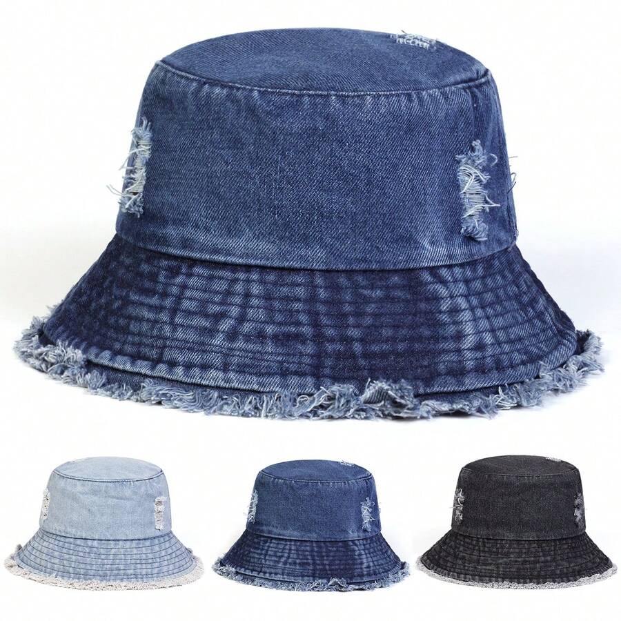 1 chiếc mũ xô denim rách cho nữ, mũ xô thời trang đã qua xử lý, kiểu dáng giản dị cho các buổi đi chơi mùa xuân/thu, du lịch, đi biển, dự tiệc. - nhiều màu - Xem 1