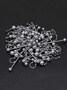 8/32/64 piezas Kit de herramientas desechables para perforación, incluye agujas de perforación de acero inoxidable de calibre 16, pinzas de perforación, anillos para labio/micro/nariz/lengua/ombligo - Plateado - Ver 3