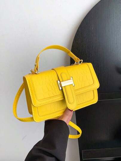 2026 Autumn New Crocodile Embossed Handbag Women Small Shoulder Bag Solid Color Crossbody Square Bag, Yellow
