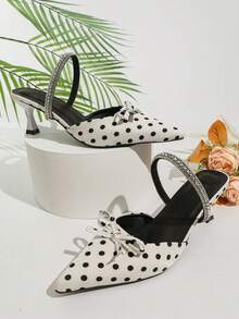 女士新款波点蝴蝶结高跟鞋，尖头，优雅套脚凉鞋，时尚高跟鞋，猫跟鞋，适合搭配婚纱、派对、婚礼 - 白色 - 查看 2