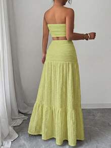 Bộ đồ hai mảnh dành cho nữ, áo croptop không dây xếp ly và chân váy dài cạp cao, thích hợp cho kỳ nghỉ và những dịp thường ngày (YY1229) - Xanh lá nhạt - Xem 2