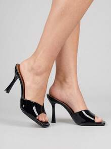 Women's Black Heels High Heeled Slip On Mules For Party Wedding Prom Glossy Patent Leather Open Toe Backless Dress Shoes - Black - View 1
