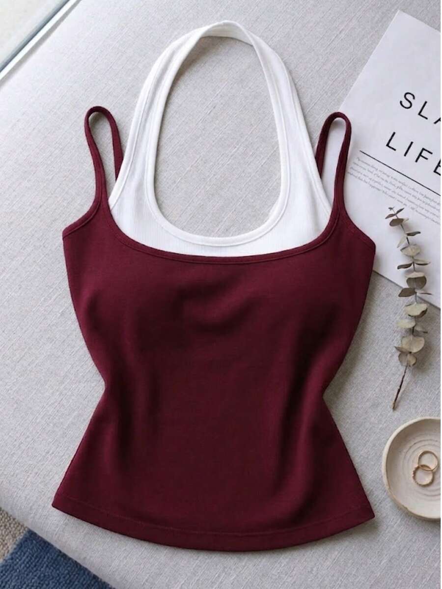 Women's 2-In-1 Layered Cami Top For Summer – Casual Street Style, & Comfortable - Burgundy - View 1