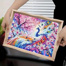 DIY钻石画套装，含托盘，设计风格：不对称亚克力钻石，孔雀主题木质工艺托盘，适合家庭聚会、早餐装饰、咖啡、茶具收纳、派对用品、家居装饰。 - 查看 3