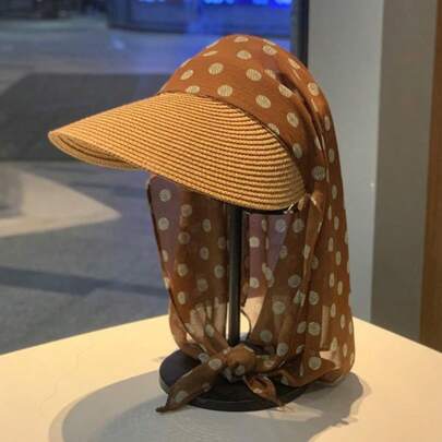 Mũ rơm buộc khăn cho nữ, mũ chống nắng mùa hè mới, mũ che cổ chống nắng.