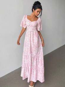 Summer Short Sleeve Beach Vacation Music Festival Pink Ditsy Floral Maxi Dress - Hồng - Xem 12