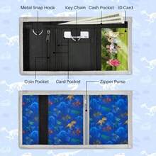 portafolios para niños para niños portafolios triple para niños de 4 a 12 unidades con bolsillo para monedas con cierre y tarjeteros portafolios para regalos de cumpleaños y Navidad - dinosaurio azul - Ver 3