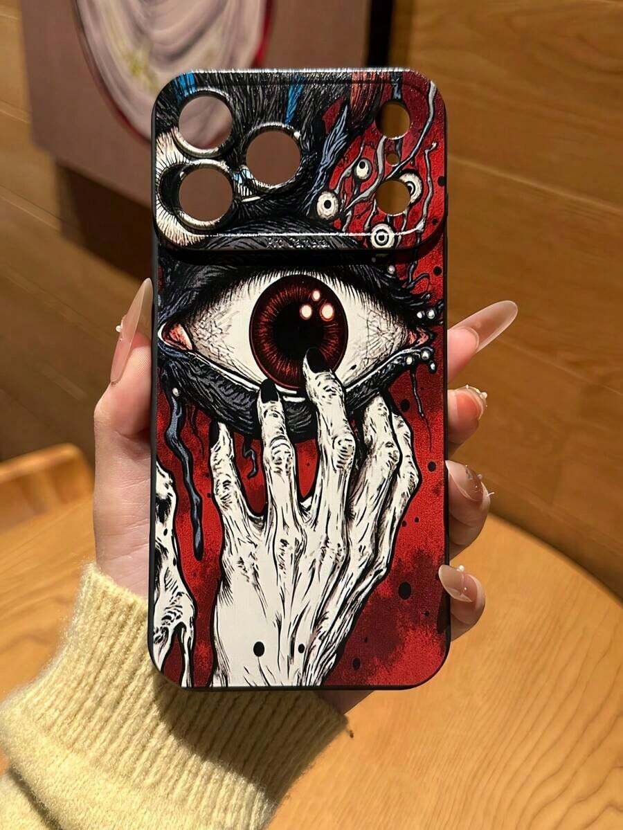 1 pieza Funda de teléfono con textura mate y recorte para cámara, cobertura completa, estilo oscuro con patrón de ojo de demonio y gesto pintado a color, funda protectora de teléfono compatible con iPhone 16 Pro Max / S24 Ultra / S23 / A53 / A16, versión internacional, no la versión nacional - Estilo 2 (1 pieza) - Ver 1