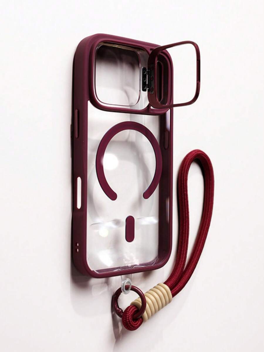 1pc Luxury Lens Frame Magnetic Phone Case + Short Lanyard, Compatible With IPhone 18 17 Pro Max 16 15 14 13 12 Pro Max Plus, Supports Wireless Charging, Shockproof Armor Buffer Transparent Protective Case With Lens Glass - Red - View 1