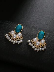 1 Đôi bông tai thiết kế độc đáo, thời trang, phong cách Bohemian, quà tặng cưới/đính hôn, bông tai ngọc trai và ngọc lam phù hợp cho phụ nữ đeo hàng ngày. - Màu xanh lam - Xem 3
