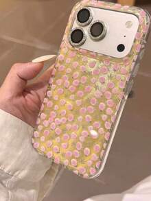Early Spring Delicate Foil Texture Crushed Flower Pattern Phone Case For IPhone 17 Pro Max, Suitable For IPhone 16 Pro, 13, 14 Pro, 15 Pro, With Chain, Full Coverage Anti-Drop Phone Cover - Pink - View 5