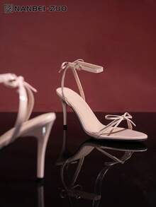 NANBEI ZUO Summer New Pink Bow Tie Stiletto Sandals, Sweet & Cute Style Wedding Shoes, Fashionable Elegant Versatile High Heel Sandals, Suitable For Music Festival/Valentine's Day - Pink - View 2