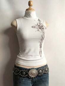 Blusa sin mangas con cuello alto y estampado, de estilo casual en color blanco para mujer - Blanco - Ver 6
