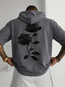 Áo thun ngắn tay có mũ kiểu hiphop mùa hè 2 trong 1, in họa tiết graffiti hoa hồng Gothic, áo chui đầu thời trang đường phố có dây rút. - Màu xám đen - Xem 1
