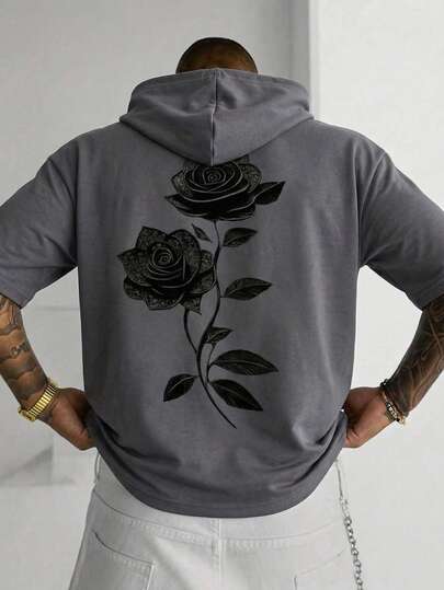 夏季嘻哈风二合一短袖连帽T恤，哥特玫瑰涂鸦印花，街头时尚套头衫，带抽绳