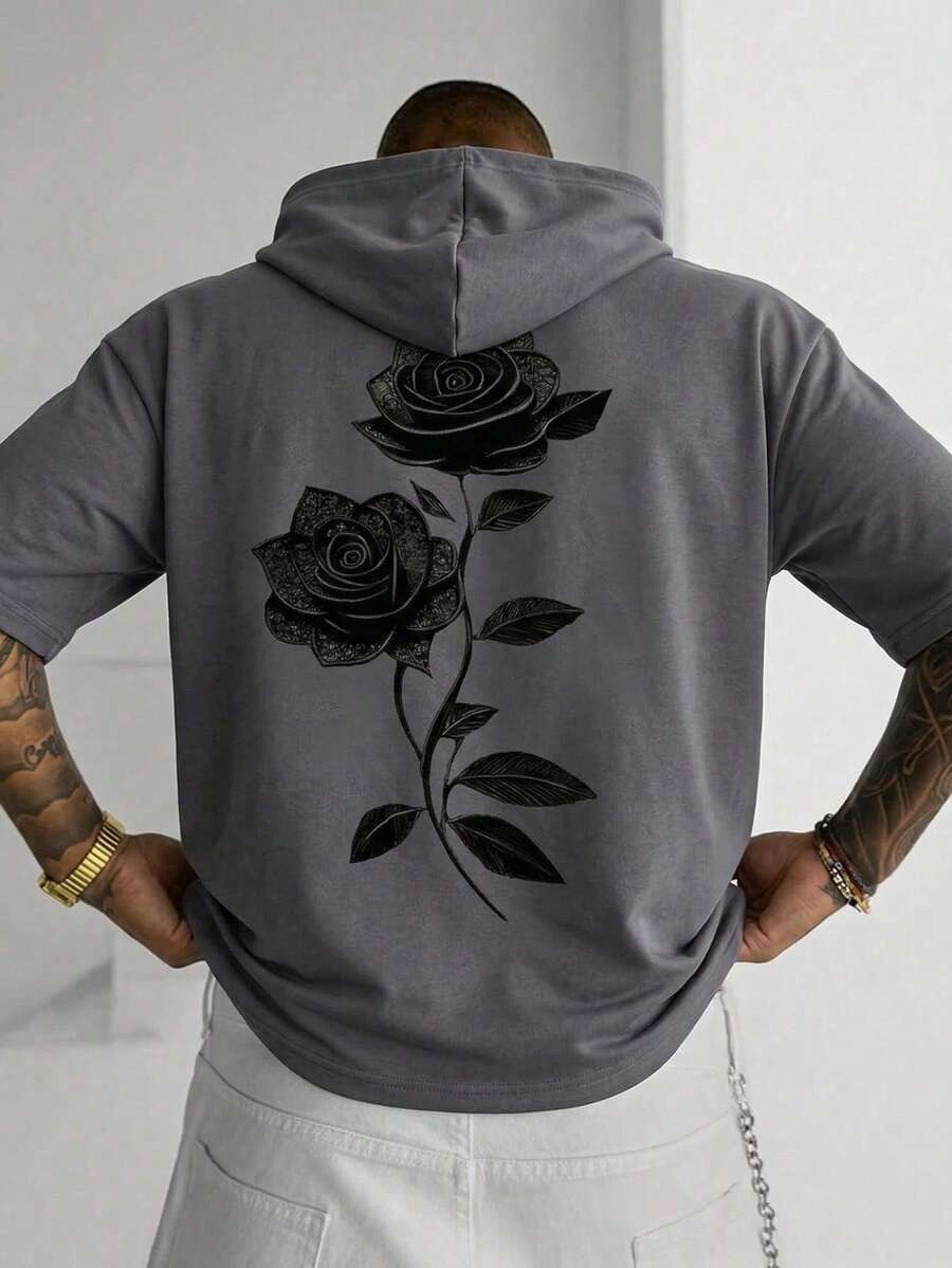 Áo thun ngắn tay có mũ kiểu hiphop mùa hè 2 trong 1, in họa tiết graffiti hoa hồng Gothic, áo chui đầu thời trang đường phố có dây rút. - Màu xám đen - Xem 1