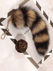 1pc Fluffy Fox Tail Keychain, Furry Raccoon Tail Keyring, Bag Charm, Fashion Party Keychain With Pom Pom, Decorative Tail Keychain, Suitable For Cosplay, Girls Party Gift YKEZ JC0R - Grey - View 1