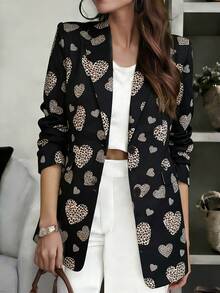 Elegant Women's Heart Print Long Sleeve Lapel Blazer, Button Front Regular Length Coat With Pockets For Everyday Wear - Black - View 2