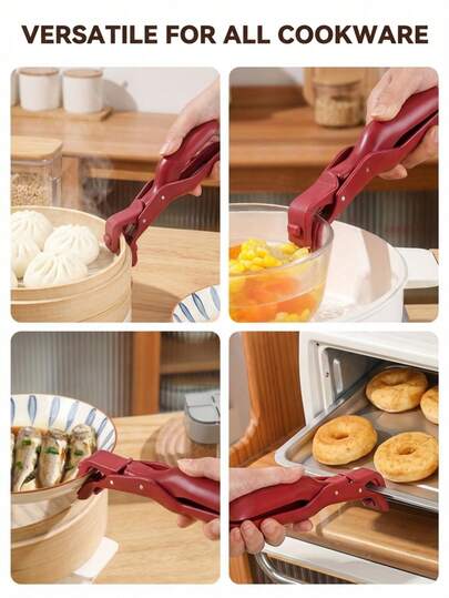 2个耐热夹 - 耐高温达446°F/230°C，防滑厨房碗/锅/托盘夹，适用于烤箱、空气炸锅、炉灶、烧烤架 - 单手操作，红色 - 防滑底座 - 家用和专业厨房的理想之选，烤箱配件，设计紧凑，易于抓握，优质材料