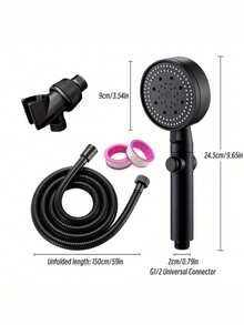 Bộ vòi sen cầm tay 5 chế độ áp lực cao, bao gồm ống dẫn nước 1,5m, 2 cuộn băng keo chống rò rỉ và giá đỡ, thích hợp cho hệ thống vòi sen phòng tắm có áp lực nước thấp. - đen - Xem 7