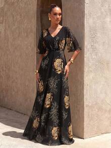 SUPGIR [Random Floral Pattern] Elegant V-Neck Floral Print Ruffle Hem Slimming Summer Dress - Black - View 5