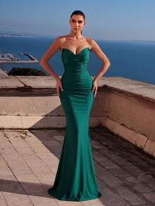 Faeriesty Vestido de noche elegante para mujer con escote en forma de corazón sin tirantes, drapeado y cola de pez - Adecuado para bodas, eventos de alfombra roja, cenas formales y otras ocasiones formales, atuendo de fiesta de vacaciones de verano primavera - Verde Oscuro - Ver 2