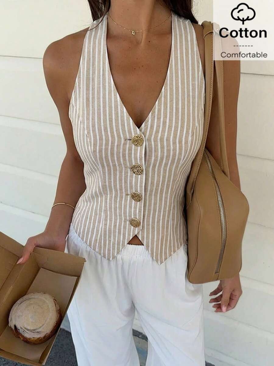 女士休闲优雅米白条纹棉混纺吊带背心，纽扣前襟修身设计，适合日常办公穿着 - 卡其色 - 查看 1