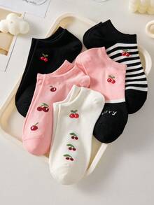 5 Pairs Women's Cute Cherry & Striped Pattern Ankle Socks, Black And Pink, Non-Slip, Breathable, Suitable For Spring/Summer - Multicolor - View 5