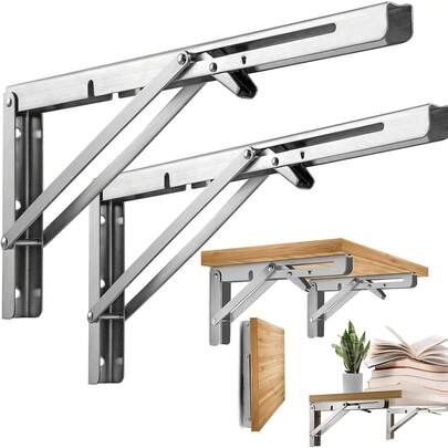 Suporte de Prateleira Dobrável Resistente de 8/10/12 Polegadas Montado na Parede, Suporte de Prateleira de Aço Inoxidável para Bancada de Trabalho e Prateleiras, 2 Peças/Conjunto, Economia de Espaço DIY