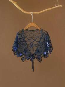 1PC Sheer Lace Flapper Shawl Elegant Vintage Sparkly Beaded Sequin Cape Boho Evening Women's Dress Outerwear Shawl - 黑金色 - 查看 7
