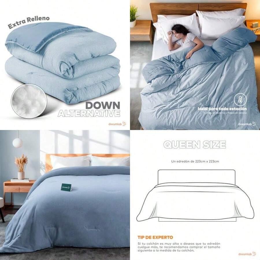 Dreamlab Edredón Acolchado para Toda Estación.Relleno de Microfib. Recubiertas con Gel.Lavado a Máquina.Usar como Edredón o con Funda Duvet. Hipoalergénico. Azul Mezclilla Jaspeado Queen 223x223cm - 02  Azul Mezclilla Jaspeado - Ver 1