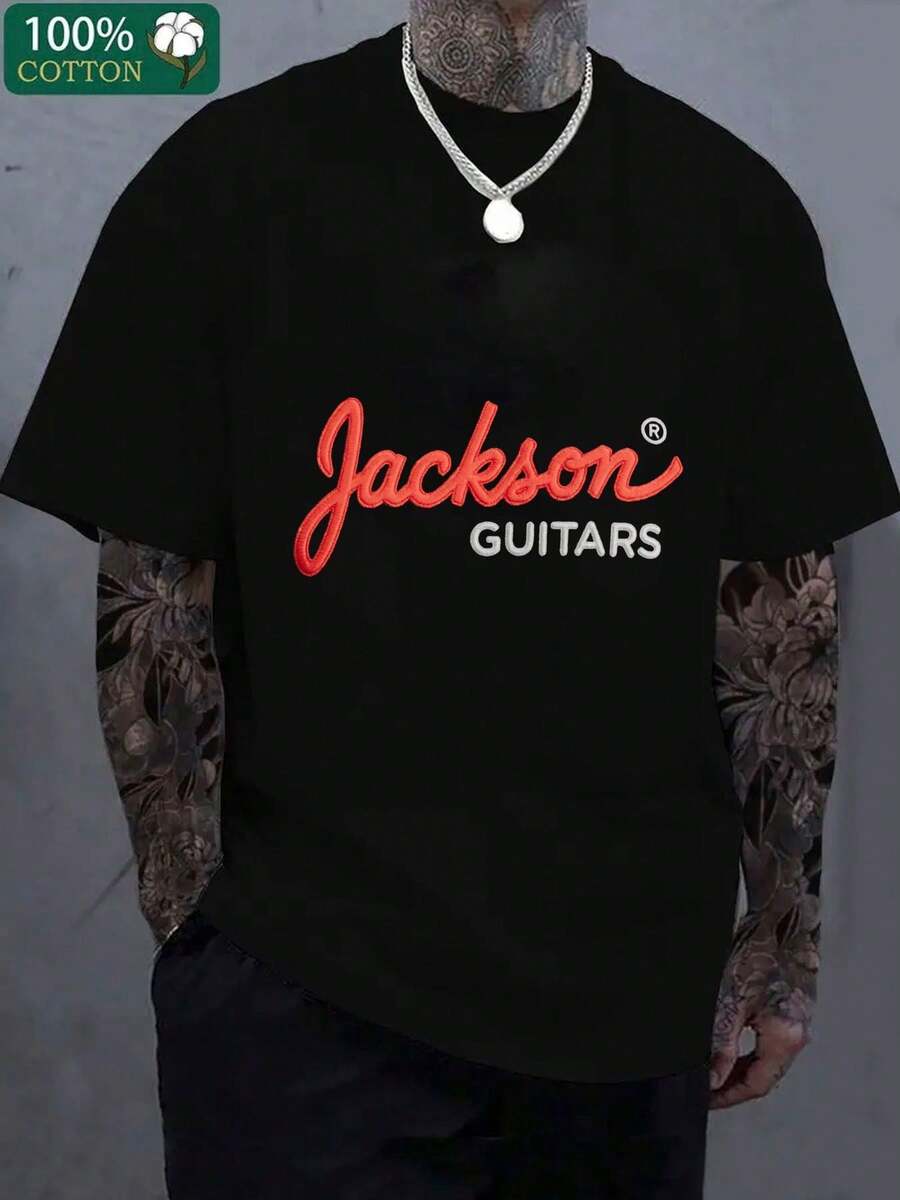 Men'S Jackson Guitars Embroidered Logo T-Shirt - 100% Oversized Relaxed Fit With Stylized Cursive Red 'Jackson' & Bold White 'GUITARS' Text Men's T-Shirt  Women's T-Shirt - màu đen - Xem 1