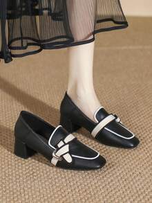 Women's Square Toe Loafers, Chunky Heel 2026 Spring/Summer New Retro Bow Versatile British Style Soft Bottom High Heel Pumps - Black - View 2