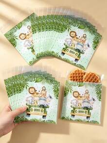50pcs 14*14cm Jungle Animal Square Gift Bags, Jungle Animal Theme Birthday Party Gift Packaging Supplies, With Sealed Pocket, Jungle Animal Gift Packaging Bags, Party Favors, Birthday Party Gifts, Baby Shower Decorations, Kitchen Packaging Supplies. - Green - View 3