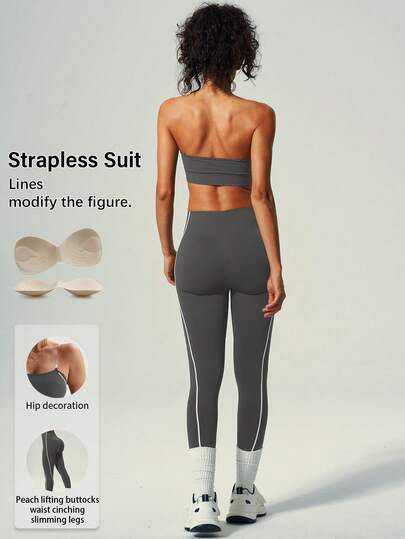 UONNOU Bộ 2 món phong cách xuân/hè cho nữ, áo bra thể thao + quần legging định hình. Đi kèm áo bra trong suốt tháo rời chống lộ, thiết kế hở lưng và vai gợi cảm. Nâng mông đào, định hình chân, thon gọn eo. Phù hợp tập gym, yoga, phối đồ thời trang, mặc thường ngày, đi làm, đi du lịch