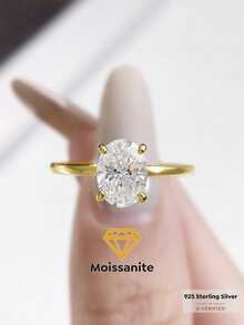 1枚1-2克拉浪漫四爪椭圆形莫桑石订婚戒指，S925纯银奢华结婚/求婚/周年纪念戒指，女士珠宝礼物，圣诞礼物 - 金色 - 查看 1