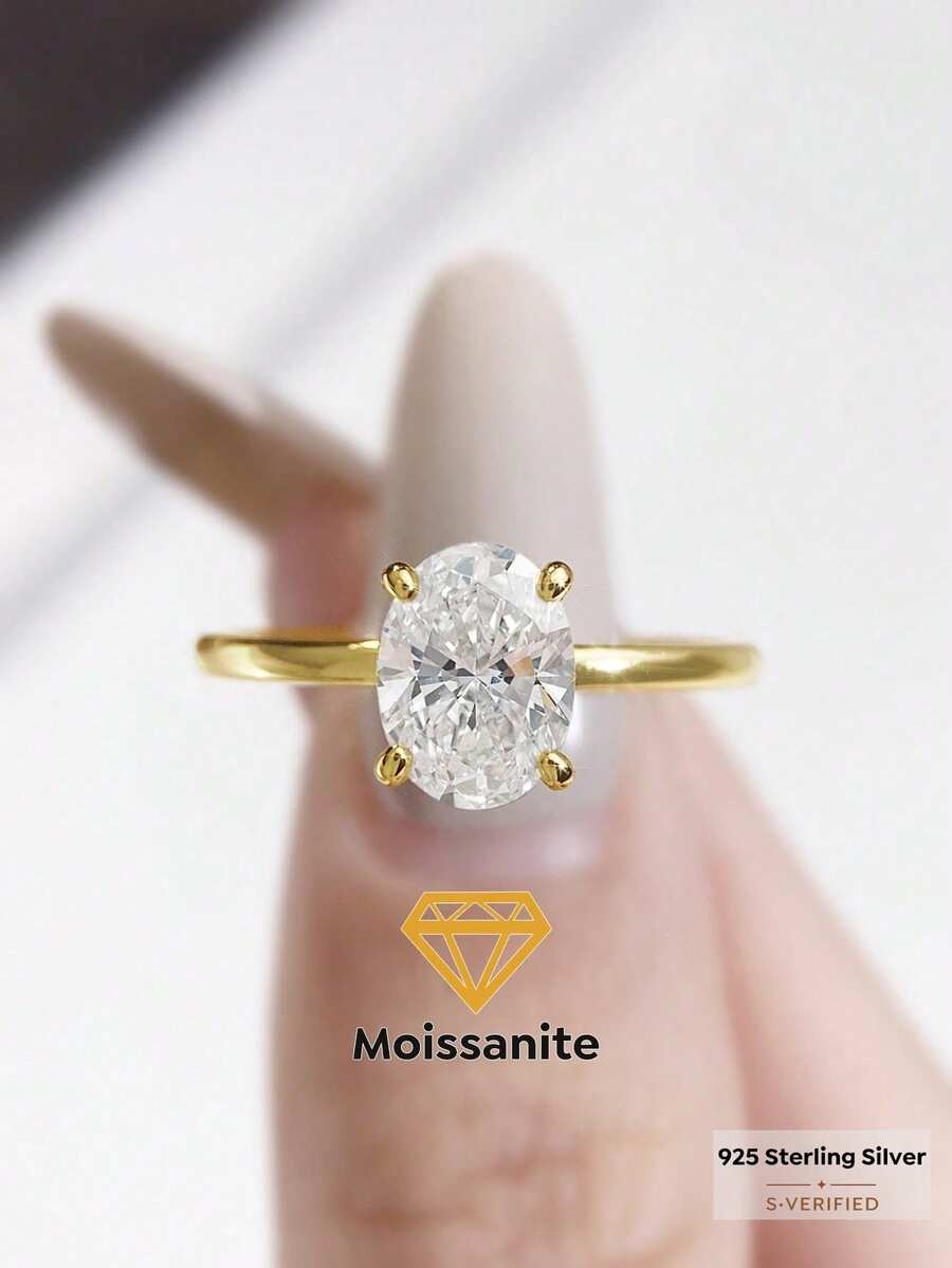 1枚1-2克拉浪漫四爪椭圆形莫桑石订婚戒指，S925纯银奢华结婚/求婚/周年纪念戒指，女士珠宝礼物，圣诞礼物 - 金色 - 查看 1