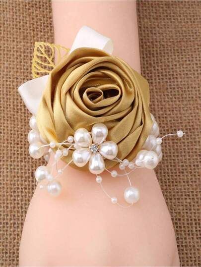 1 chiếc nơ satin và hoa hồng vàng cài cổ tay, thích hợp cho phù dâu và cô dâu, trang trí đám cưới, quà tặng ngày Valentine.