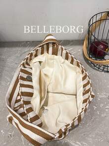 Striped Minimalist Lightweight Large Capacity Foldable Canvas Tote Bag, Versatile Shoulder Bag For Women - Khaki - View 11