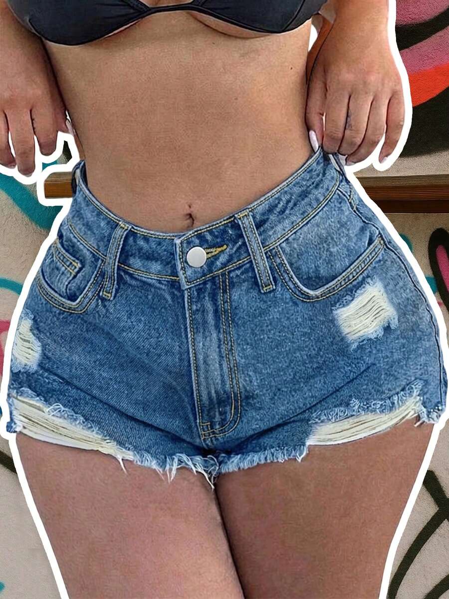牛仔女郎街头水洗猫须破洞牛仔短裤休闲夏季 - 中等水洗藍 - 查看 1