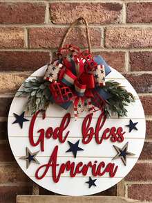 Decoración de Puerta para el Día de la Independencia del 4 de Julio, Colgante de Puerta Dios Bendiga a América, Decoración del Hogar Americano, Letrero de Puerta, Corona Patriótica, Letrero Rústico para Exteriores, Regalo, Decoración Colgante para Vacaciones - Dios bendiga a América - Ver 6