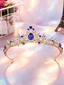 1pc Classic Princess Style Metal Floral Crown Headband, Suitable For Coordinating With Dresses, Wedding Gowns, Or As Birthday/Party Decoration - Royal Blue - View 5