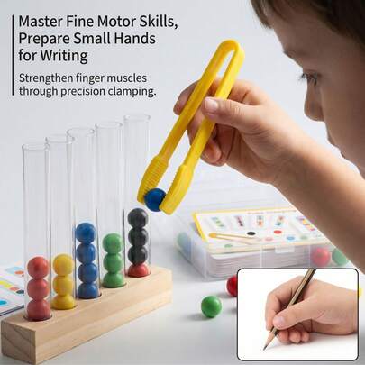 Montessorispel med 5 rör och klämkulor för barn, interaktiv leksak för färgsortering och räkning, hjälpmedel för finmotorik och hand-öga-koordination, interaktiv föräldra-barn-leksak för tidig pedagogik, Montessorileksak för barn från 3 år, koncentrations- och tålamodsbyggande läromedel för förskola