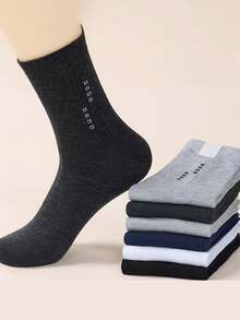 5 Pares de Meias Casuais de Negócios Masculinas Clássicas Preto Branco Cinza Azul Marinho Cor Sólida Respirável Meias Macias Elásticas de Meia Panturrilha Para Todas as Estações - Multicolorido - Visão 4