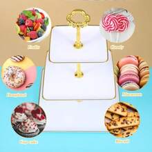 Juego de 2 soportes para cupcakes de 3 niveles soporte de plástico escalonado con borde dorado bandeja de torre de postre para fiestas de té baby shower y boda cuadrado - blanco - Ver 8