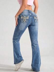 Flattering Flared Denim Pants With Decorative Pockets For A Unique Look. - Grayish Blue LMKF024guion1 - View 5