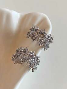 1 Pair Elegant Luxury Minimalist Geometric Rhinestone Inlaid Glass Earrings, Suitable For Daily, Date, Holiday, Party Wear - Silver - View 7