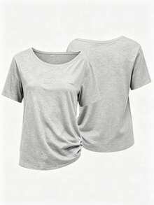 1pc Asymmetrical Shoulder Light Grey Short Sleeve T-Shirt, Casual Loose Comfortable Summer Wear - Light Grey - View 5