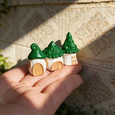 3pcs Mini Green Castle House, 1:12 Scale Dollhouse Outdoor Courtyard & Garden Decor Accessories, Scene Photography Props, Miniature Fairy Garden Set