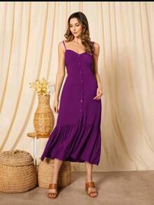 Long Dress In Viscose, Plain, Straps, Buttons On The Front, Cups And Lining. Elastex On The Back - Lilac Purple - View 2